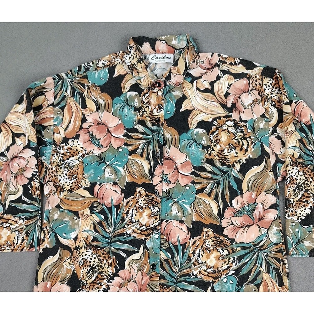 Vintage 80s Caribou Button Shirt Women Large Tropical Floral Leopard ¾ Sleeve US